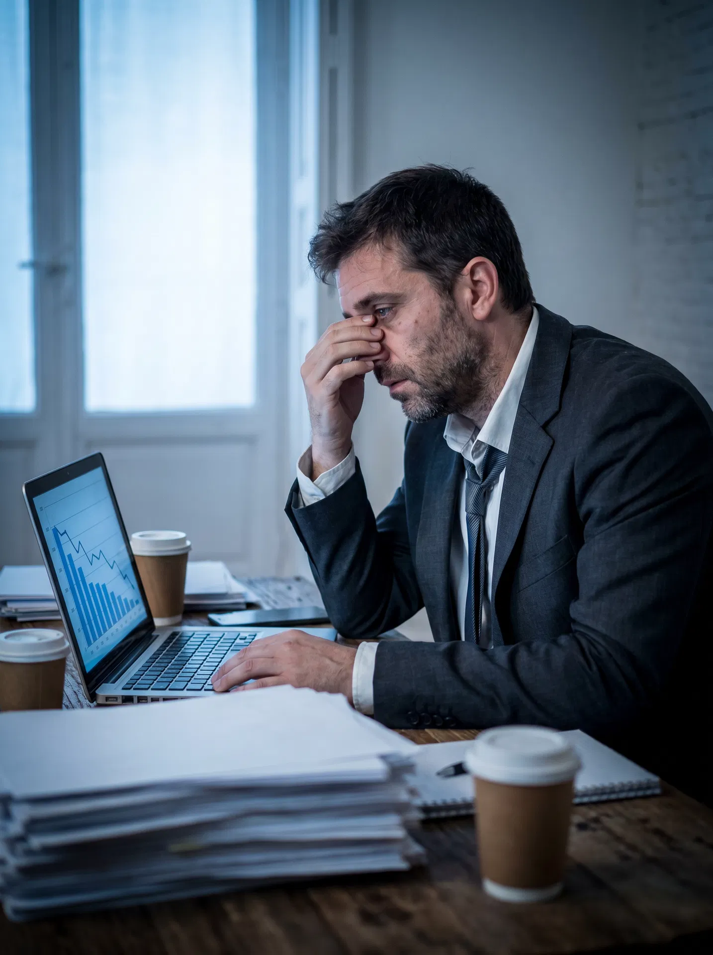 Frustrierter Unternehmer allein am Schreibtisch